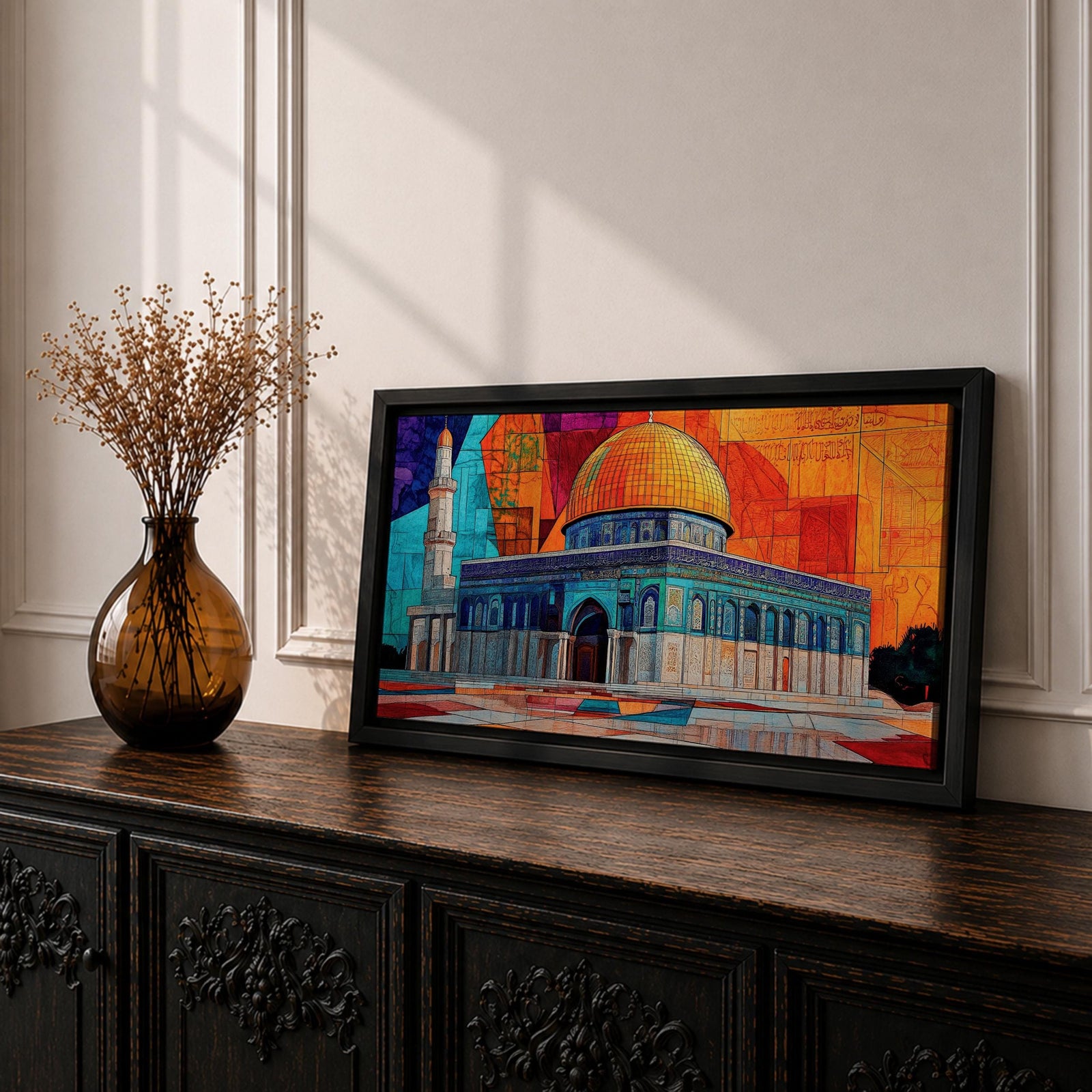 Panoramic painting of the Dome of the Rock with its golden dome and detailed Islamic architecture set against a geometric mosaic style background. Vibrant orange, blue, and red panels surround the historic Jerusalem mosque while a tall minaret rises beside the ornate structure.