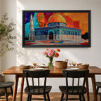 Panoramic painting of the Dome of the Rock with its golden dome and detailed Islamic architecture set against a geometric mosaic style background. Vibrant orange, blue, and red panels surround the historic Jerusalem mosque while a tall minaret rises beside the ornate structure.