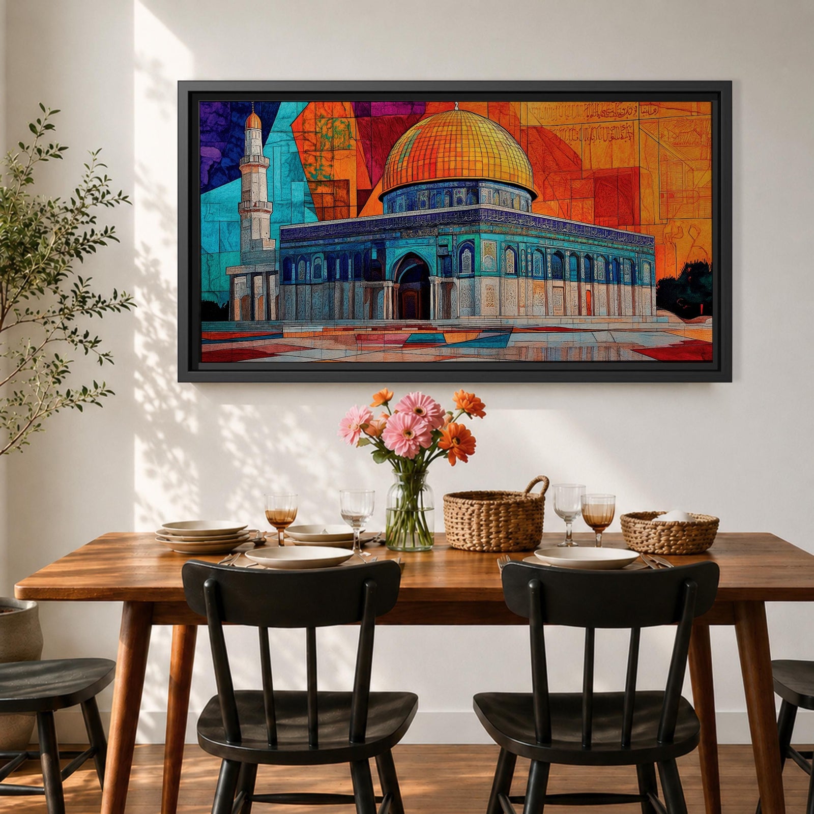Panoramic painting of the Dome of the Rock with its golden dome and detailed Islamic architecture set against a geometric mosaic style background. Vibrant orange, blue, and red panels surround the historic Jerusalem mosque while a tall minaret rises beside the ornate structure.