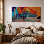 Panoramic painting of the Dome of the Rock with its golden dome and detailed Islamic architecture set against a geometric mosaic style background. Vibrant orange, blue, and red panels surround the historic Jerusalem mosque while a tall minaret rises beside the ornate structure.