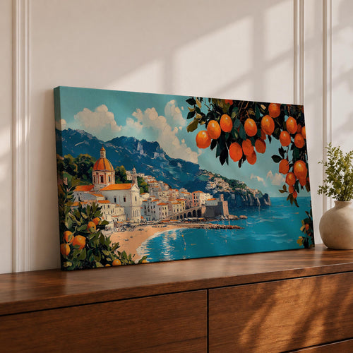 Panoramic painting of the Amalfi Coast with white seaside buildings and a domed church overlooking bright turquoise Mediterranean waters. Lemon branches heavy with citrus fruit frame the scene while mountains rise behind the coastal village beneath a blue sky with scattered clouds.