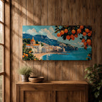 Panoramic painting of the Amalfi Coast with white seaside buildings and a domed church overlooking bright turquoise Mediterranean waters. Lemon branches heavy with citrus fruit frame the scene while mountains rise behind the coastal village beneath a blue sky with scattered clouds.