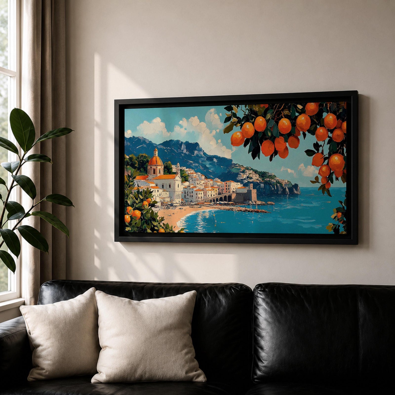 Panoramic painting of the Amalfi Coast with white seaside buildings and a domed church overlooking bright turquoise Mediterranean waters. Lemon branches heavy with citrus fruit frame the scene while mountains rise behind the coastal village beneath a blue sky with scattered clouds.