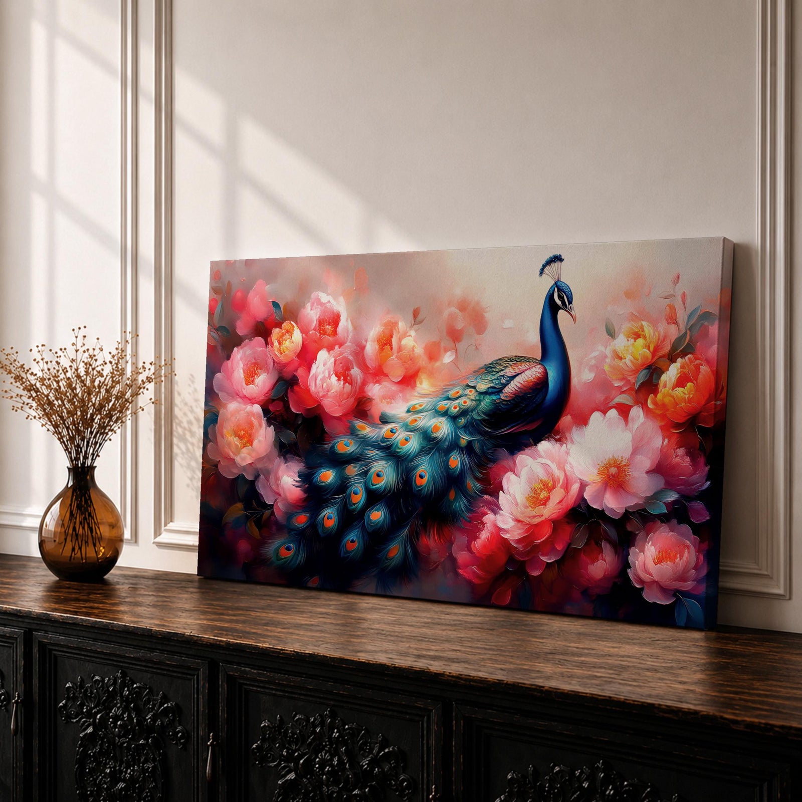 Panoramic painting of a vibrant peafowl with a flowing blue and teal tail surrounded by large blooming peony flowers. Rich pink, coral, and red petals fill the composition while detailed feather eyes shimmer across the long tail, creating a colorful botanical scene with dramatic contrast and soft glowing light.
