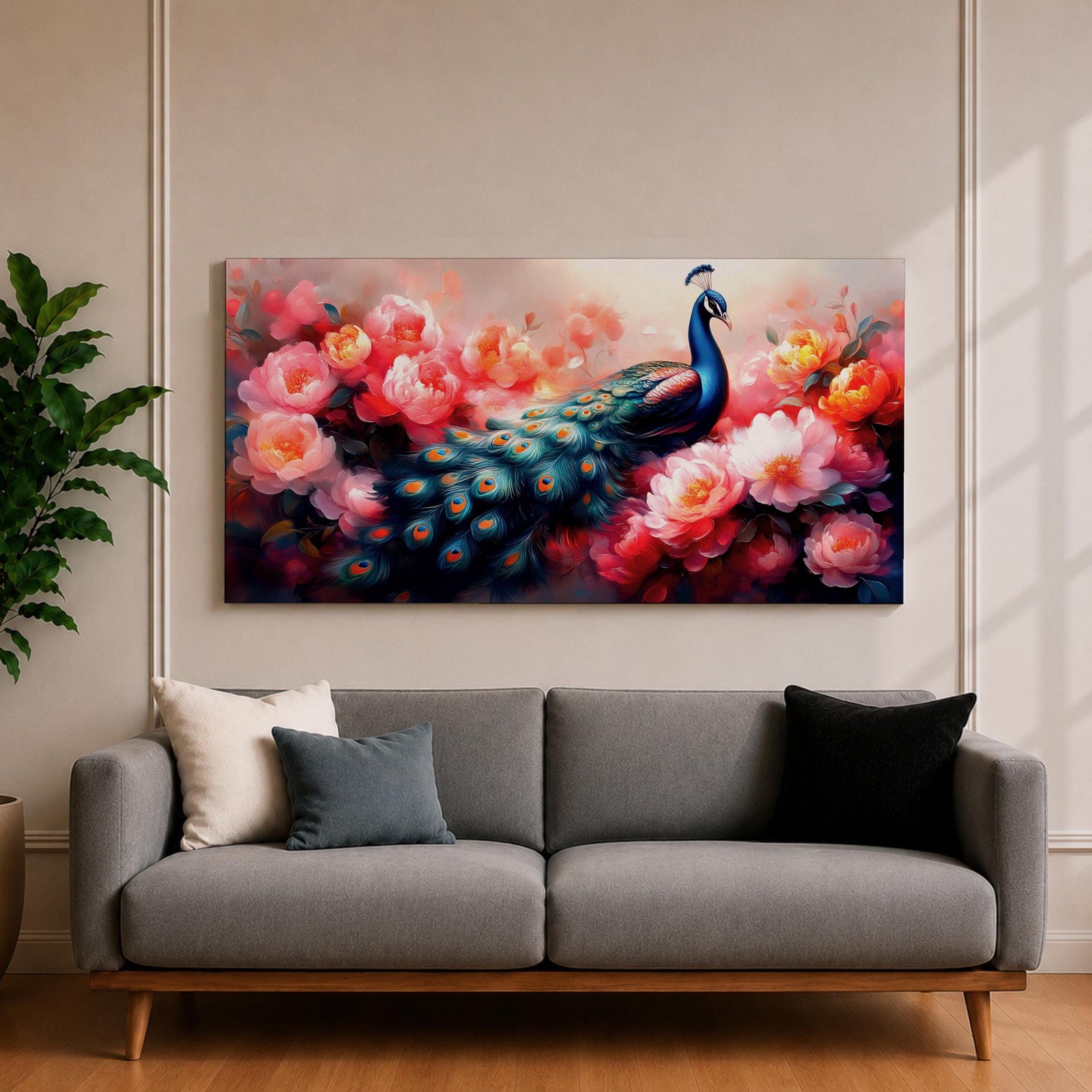 Panoramic painting of a vibrant peafowl with a flowing blue and teal tail surrounded by large blooming peony flowers. Rich pink, coral, and red petals fill the composition while detailed feather eyes shimmer across the long tail, creating a colorful botanical scene with dramatic contrast and soft glowing light.