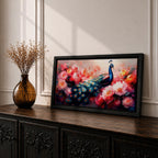 Panoramic painting of a vibrant peafowl with a flowing blue and teal tail surrounded by large blooming peony flowers. Rich pink, coral, and red petals fill the composition while detailed feather eyes shimmer across the long tail, creating a colorful botanical scene with dramatic contrast and soft glowing light.