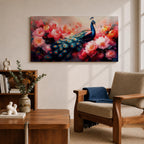 Panoramic painting of a vibrant peafowl with a flowing blue and teal tail surrounded by large blooming peony flowers. Rich pink, coral, and red petals fill the composition while detailed feather eyes shimmer across the long tail, creating a colorful botanical scene with dramatic contrast and soft glowing light.