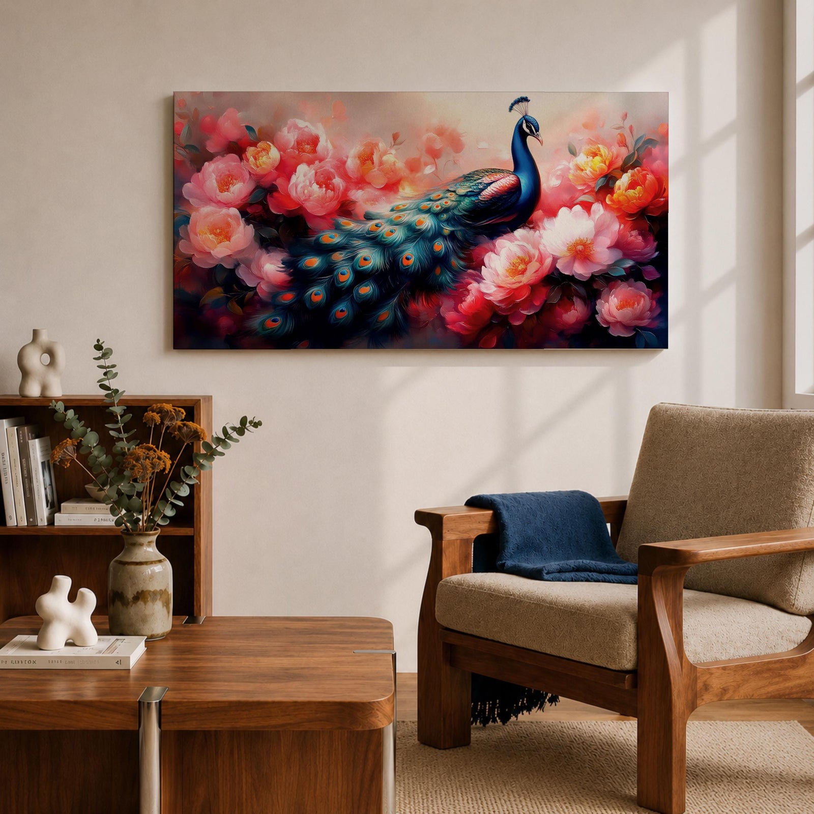 Panoramic painting of a vibrant peafowl with a flowing blue and teal tail surrounded by large blooming peony flowers. Rich pink, coral, and red petals fill the composition while detailed feather eyes shimmer across the long tail, creating a colorful botanical scene with dramatic contrast and soft glowing light.
