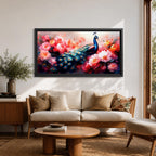 Panoramic painting of a vibrant peafowl with a flowing blue and teal tail surrounded by large blooming peony flowers. Rich pink, coral, and red petals fill the composition while detailed feather eyes shimmer across the long tail, creating a colorful botanical scene with dramatic contrast and soft glowing light.