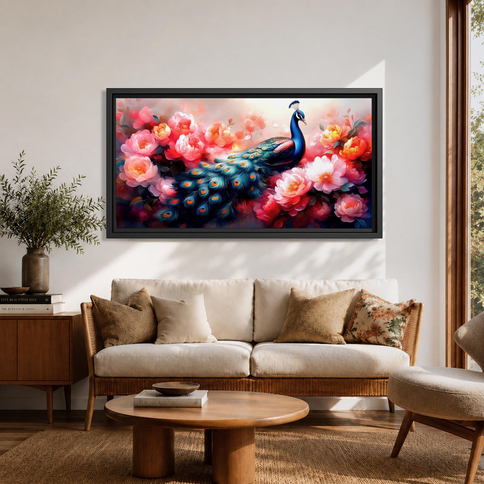 Panoramic painting of a vibrant peafowl with a flowing blue and teal tail surrounded by large blooming peony flowers. Rich pink, coral, and red petals fill the composition while detailed feather eyes shimmer across the long tail, creating a colorful botanical scene with dramatic contrast and soft glowing light.