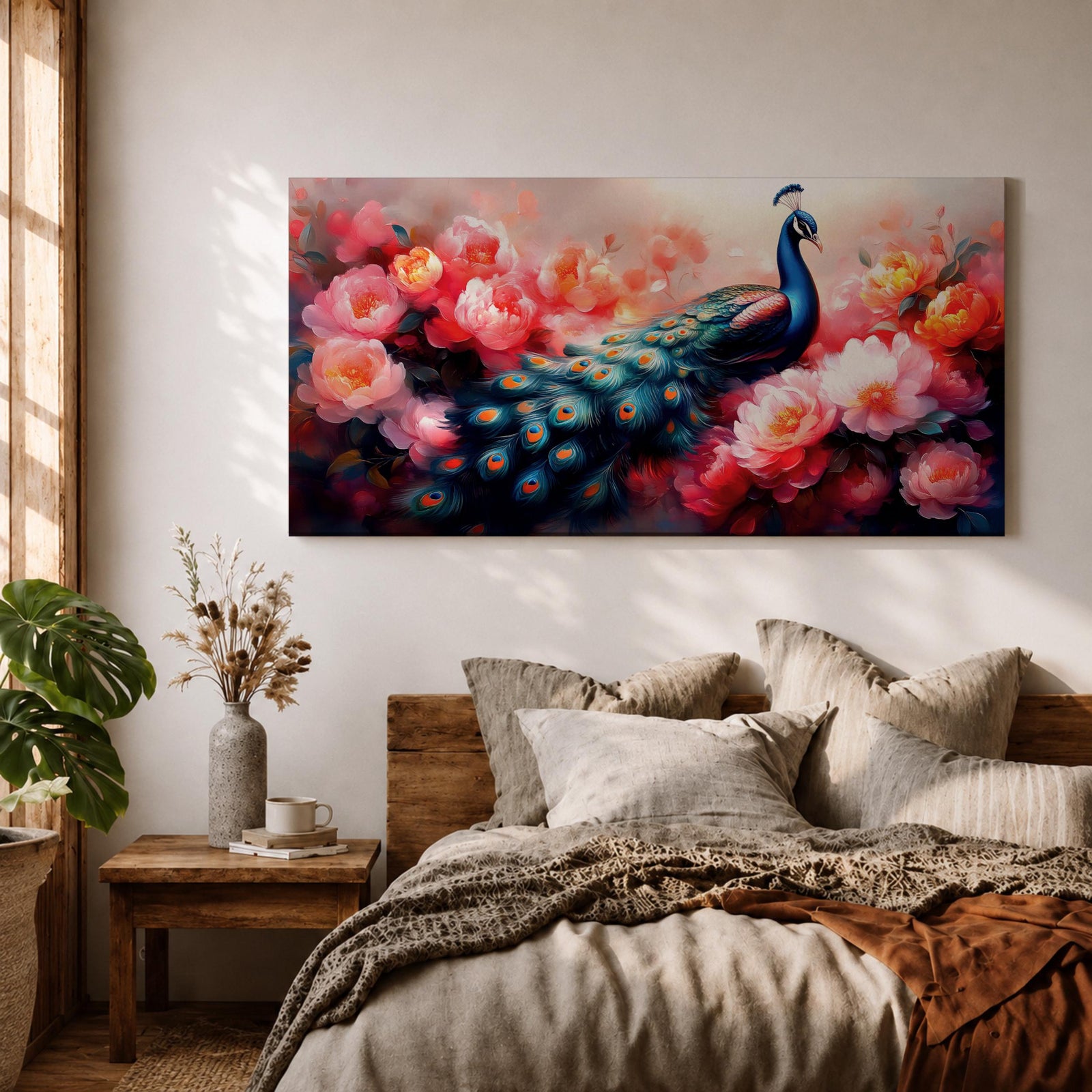 Panoramic painting of a vibrant peafowl with a flowing blue and teal tail surrounded by large blooming peony flowers. Rich pink, coral, and red petals fill the composition while detailed feather eyes shimmer across the long tail, creating a colorful botanical scene with dramatic contrast and soft glowing light.