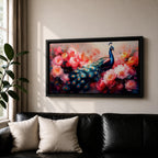 Panoramic painting of a vibrant peafowl with a flowing blue and teal tail surrounded by large blooming peony flowers. Rich pink, coral, and red petals fill the composition while detailed feather eyes shimmer across the long tail, creating a colorful botanical scene with dramatic contrast and soft glowing light.