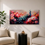 Panoramic painting of a vibrant peafowl with a flowing blue and teal tail surrounded by large blooming peony flowers. Rich pink, coral, and red petals fill the composition while detailed feather eyes shimmer across the long tail, creating a colorful botanical scene with dramatic contrast and soft glowing light.