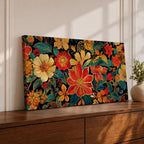 Panoramic illustration of a dense floral garden pattern filled with layered blossoms and detailed leaves. Large red, orange, yellow, and cream flowers spread across a dark background while teal foliage and curling botanical stems create an intricate decorative composition of overlapping garden blooms.