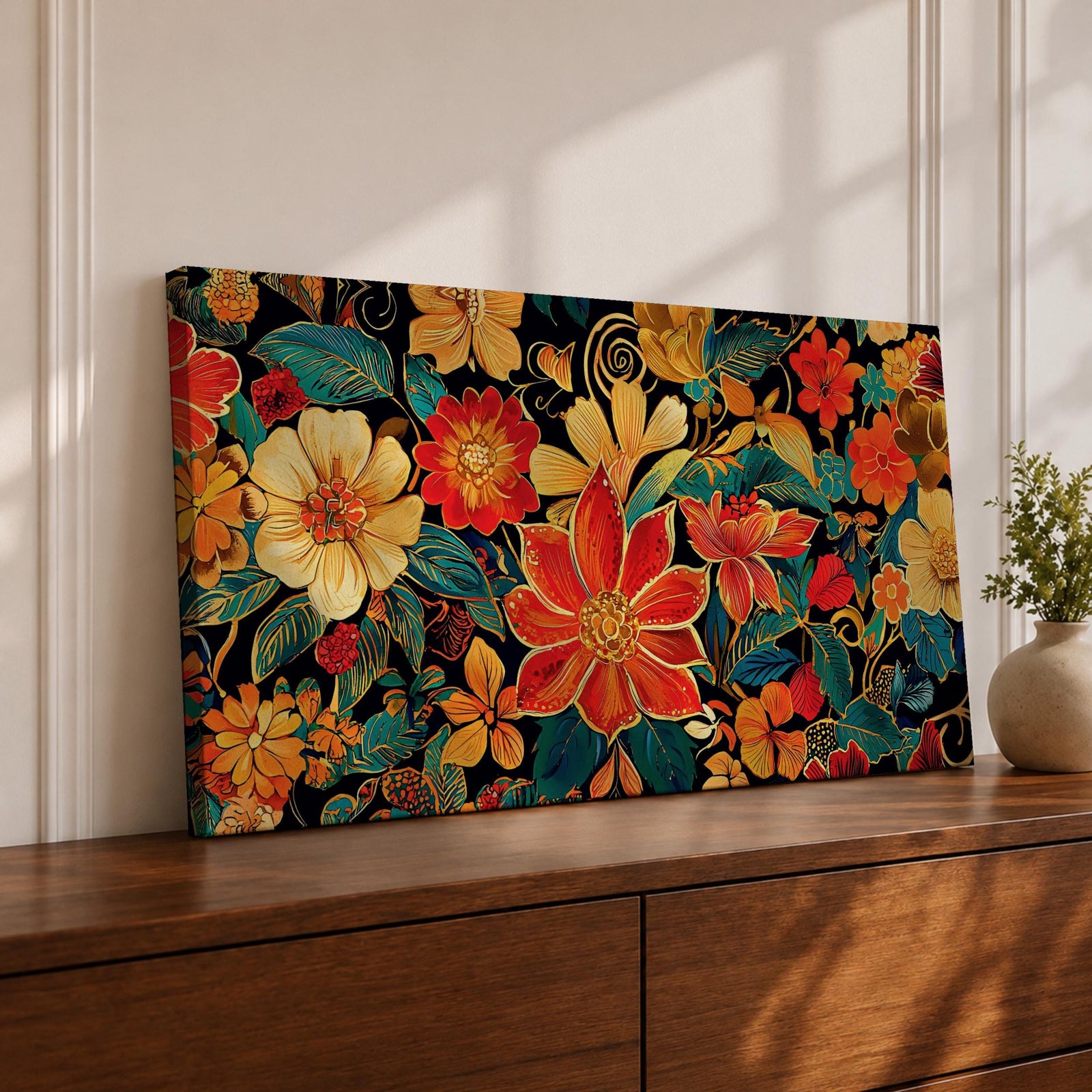 Panoramic illustration of a dense floral garden pattern filled with layered blossoms and detailed leaves. Large red, orange, yellow, and cream flowers spread across a dark background while teal foliage and curling botanical stems create an intricate decorative composition of overlapping garden blooms.