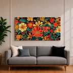 Panoramic illustration of a dense floral garden pattern filled with layered blossoms and detailed leaves. Large red, orange, yellow, and cream flowers spread across a dark background while teal foliage and curling botanical stems create an intricate decorative composition of overlapping garden blooms.