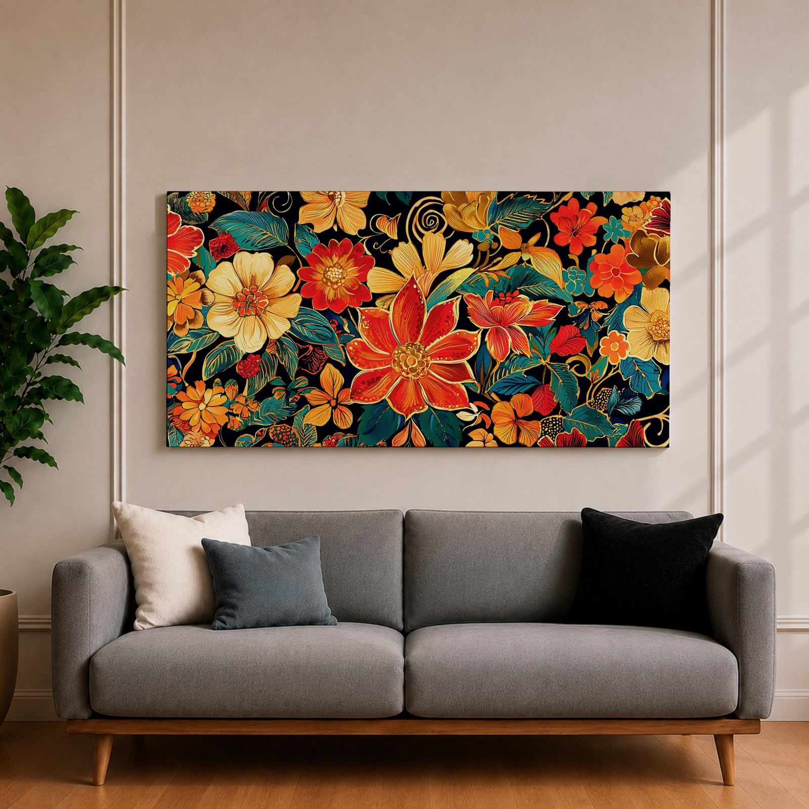 Panoramic illustration of a dense floral garden pattern filled with layered blossoms and detailed leaves. Large red, orange, yellow, and cream flowers spread across a dark background while teal foliage and curling botanical stems create an intricate decorative composition of overlapping garden blooms.