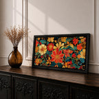 Panoramic illustration of a dense floral garden pattern filled with layered blossoms and detailed leaves. Large red, orange, yellow, and cream flowers spread across a dark background while teal foliage and curling botanical stems create an intricate decorative composition of overlapping garden blooms.