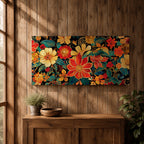 Panoramic illustration of a dense floral garden pattern filled with layered blossoms and detailed leaves. Large red, orange, yellow, and cream flowers spread across a dark background while teal foliage and curling botanical stems create an intricate decorative composition of overlapping garden blooms.
