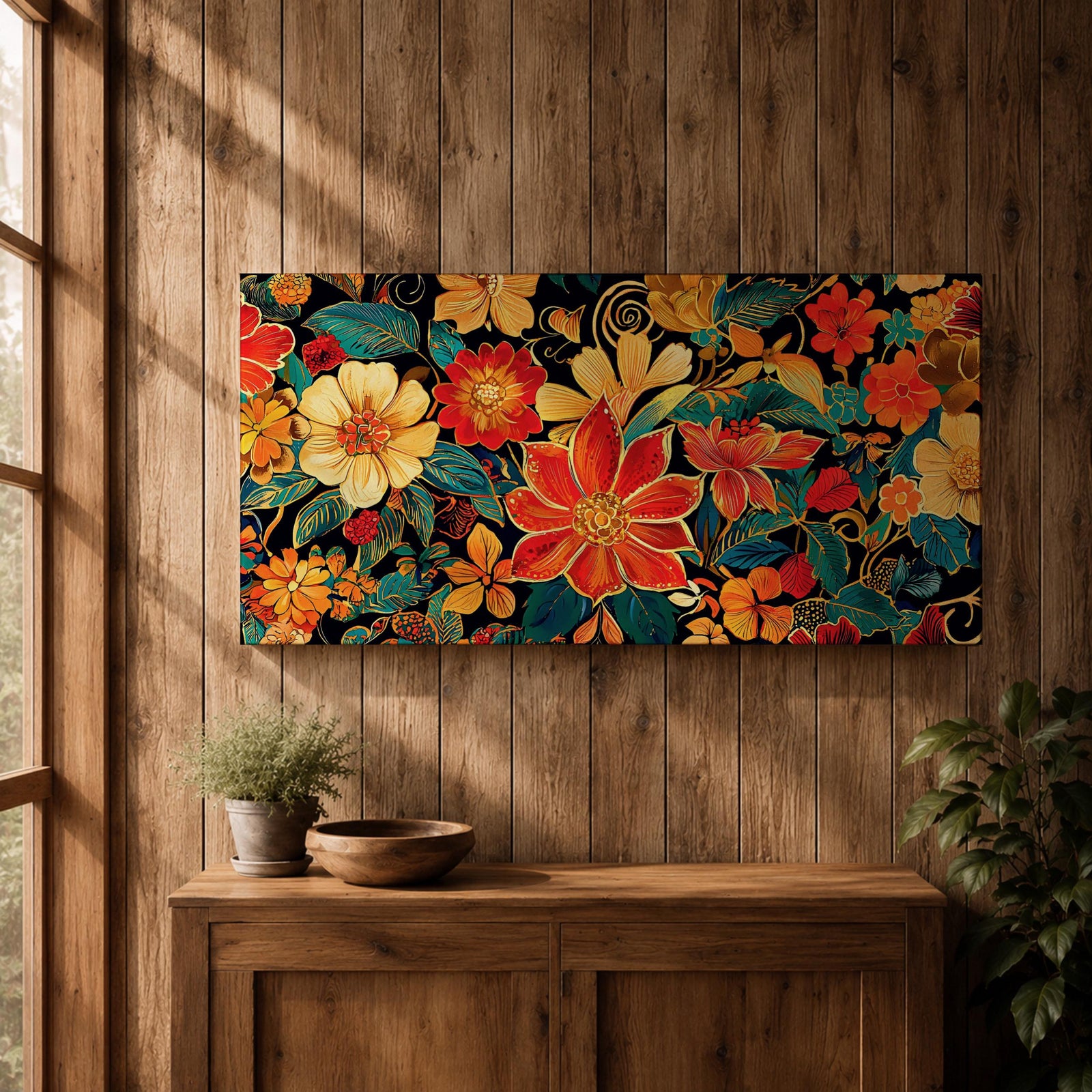 Panoramic illustration of a dense floral garden pattern filled with layered blossoms and detailed leaves. Large red, orange, yellow, and cream flowers spread across a dark background while teal foliage and curling botanical stems create an intricate decorative composition of overlapping garden blooms.
