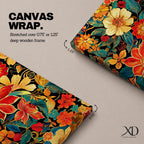 Panoramic illustration of a dense floral garden pattern filled with layered blossoms and detailed leaves. Large red, orange, yellow, and cream flowers spread across a dark background while teal foliage and curling botanical stems create an intricate decorative composition of overlapping garden blooms.