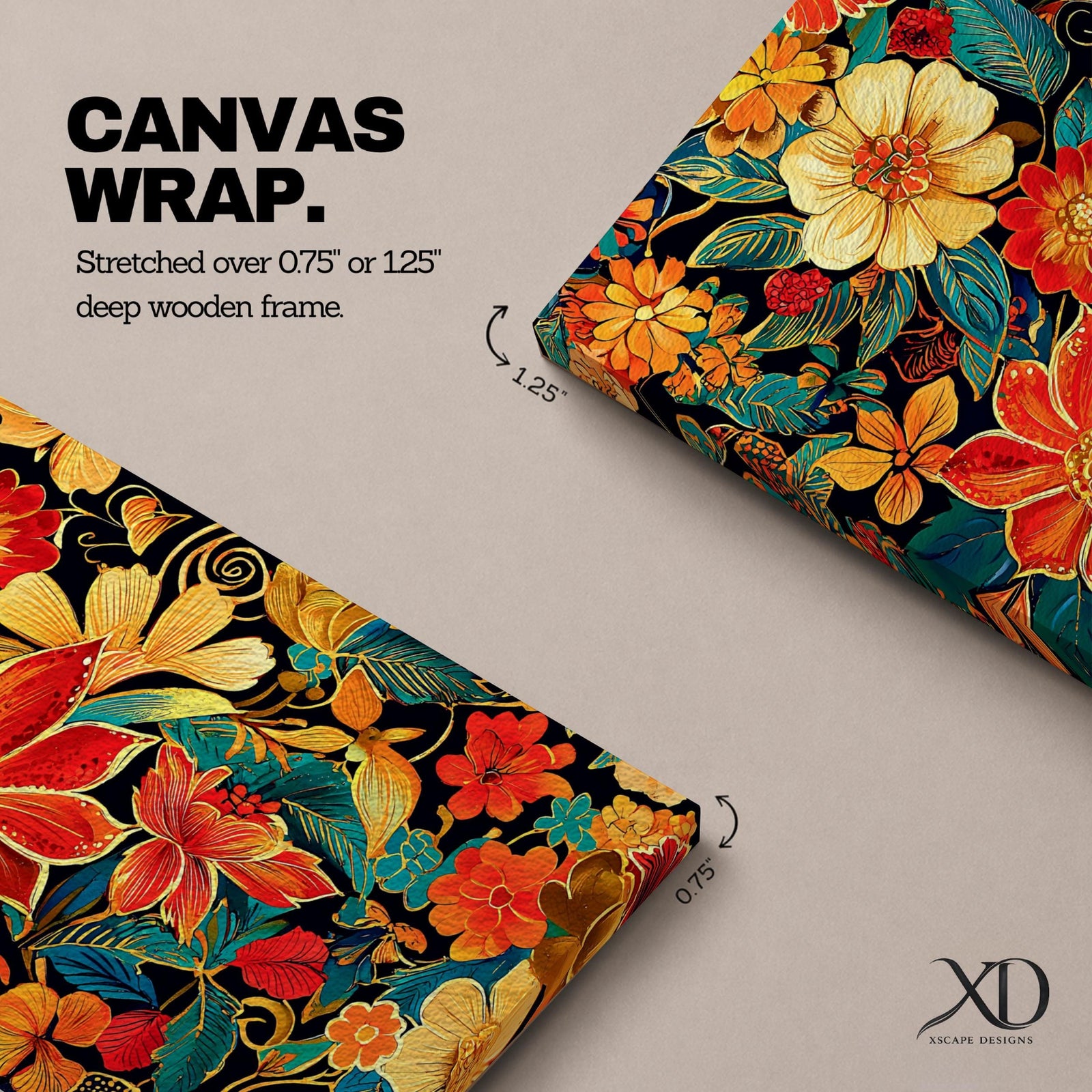 Panoramic illustration of a dense floral garden pattern filled with layered blossoms and detailed leaves. Large red, orange, yellow, and cream flowers spread across a dark background while teal foliage and curling botanical stems create an intricate decorative composition of overlapping garden blooms.