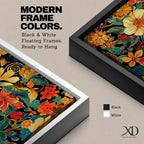 Panoramic illustration of a dense floral garden pattern filled with layered blossoms and detailed leaves. Large red, orange, yellow, and cream flowers spread across a dark background while teal foliage and curling botanical stems create an intricate decorative composition of overlapping garden blooms.