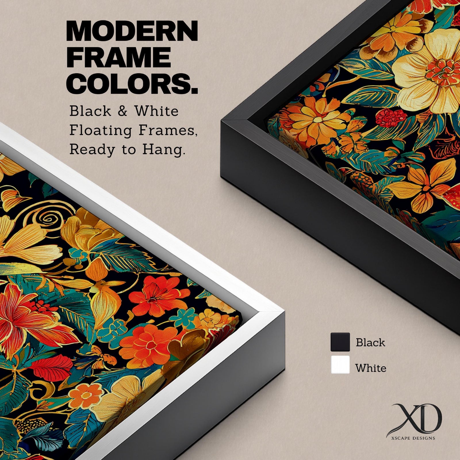 Panoramic illustration of a dense floral garden pattern filled with layered blossoms and detailed leaves. Large red, orange, yellow, and cream flowers spread across a dark background while teal foliage and curling botanical stems create an intricate decorative composition of overlapping garden blooms.