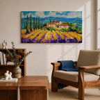 Panoramic painting of a Tuscany vineyard with golden rows of vines leading toward a rustic farmhouse and tall cypress trees. Rolling Italian hills stretch into the distance beneath a bright blue sky with textured clouds, while bold brushstrokes create a vibrant countryside landscape.