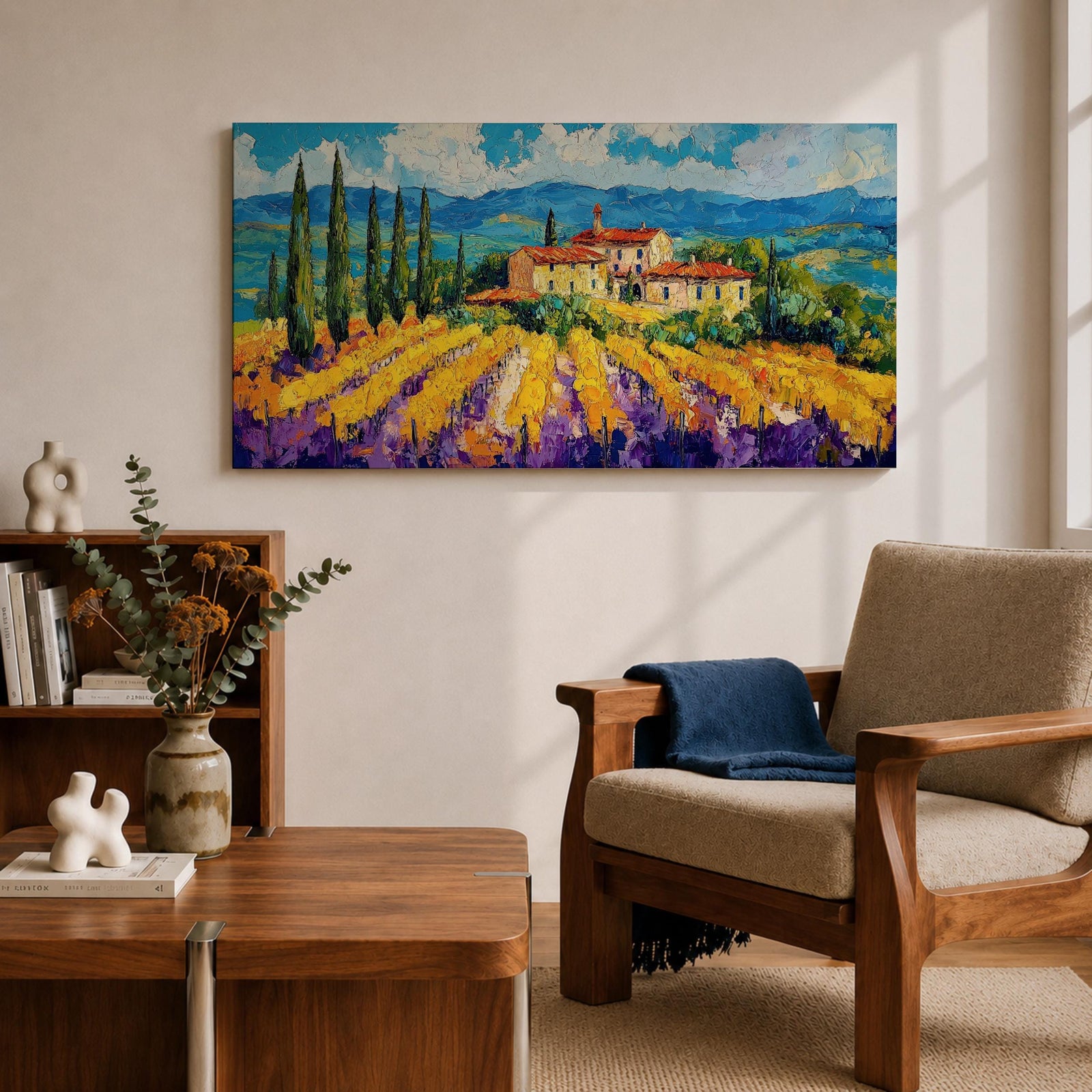 Panoramic painting of a Tuscany vineyard with golden rows of vines leading toward a rustic farmhouse and tall cypress trees. Rolling Italian hills stretch into the distance beneath a bright blue sky with textured clouds, while bold brushstrokes create a vibrant countryside landscape.