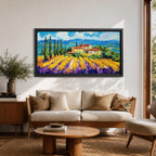 Panoramic painting of a Tuscany vineyard with golden rows of vines leading toward a rustic farmhouse and tall cypress trees. Rolling Italian hills stretch into the distance beneath a bright blue sky with textured clouds, while bold brushstrokes create a vibrant countryside landscape.