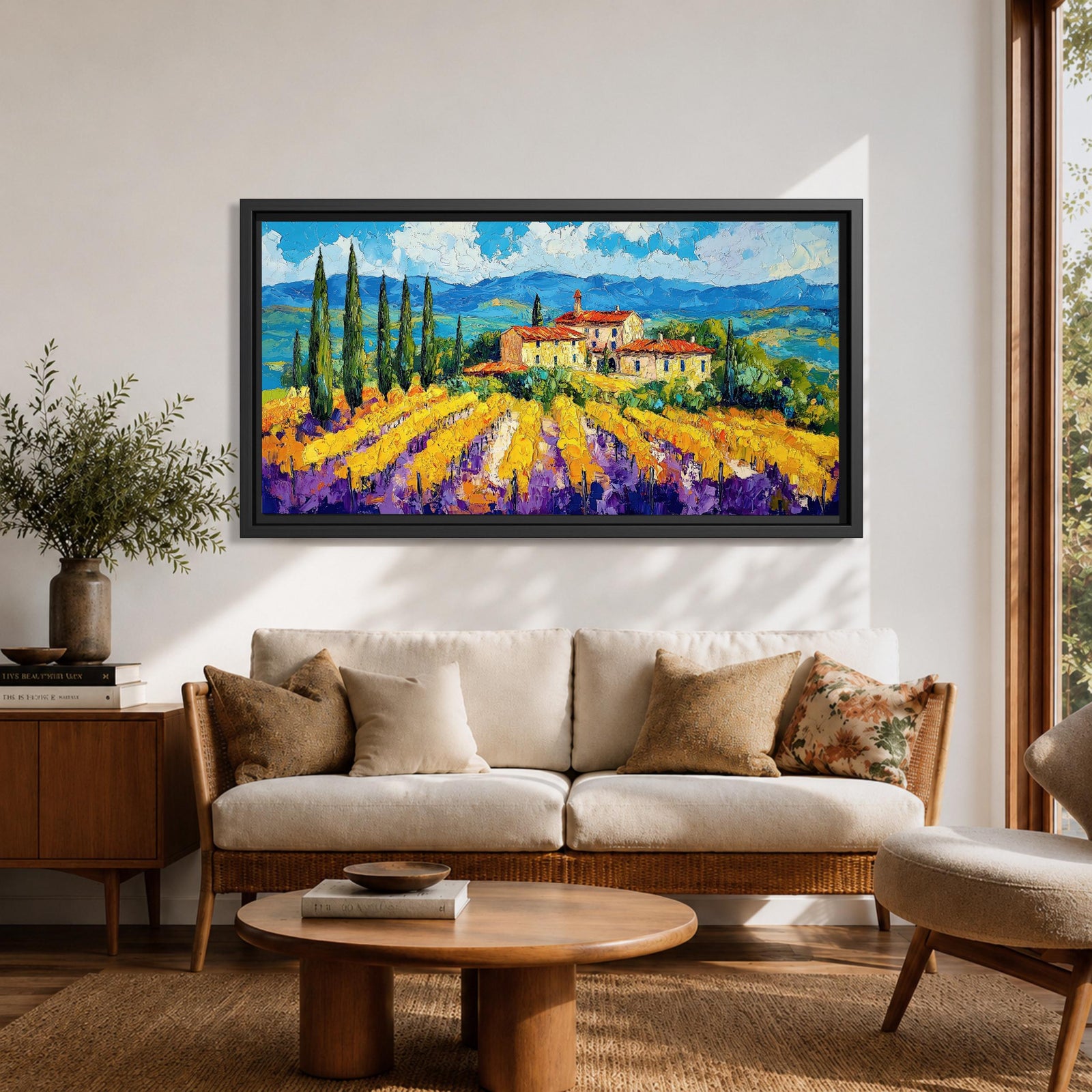 Panoramic painting of a Tuscany vineyard with golden rows of vines leading toward a rustic farmhouse and tall cypress trees. Rolling Italian hills stretch into the distance beneath a bright blue sky with textured clouds, while bold brushstrokes create a vibrant countryside landscape.