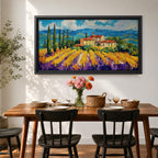 Panoramic painting of a Tuscany vineyard with golden rows of vines leading toward a rustic farmhouse and tall cypress trees. Rolling Italian hills stretch into the distance beneath a bright blue sky with textured clouds, while bold brushstrokes create a vibrant countryside landscape.