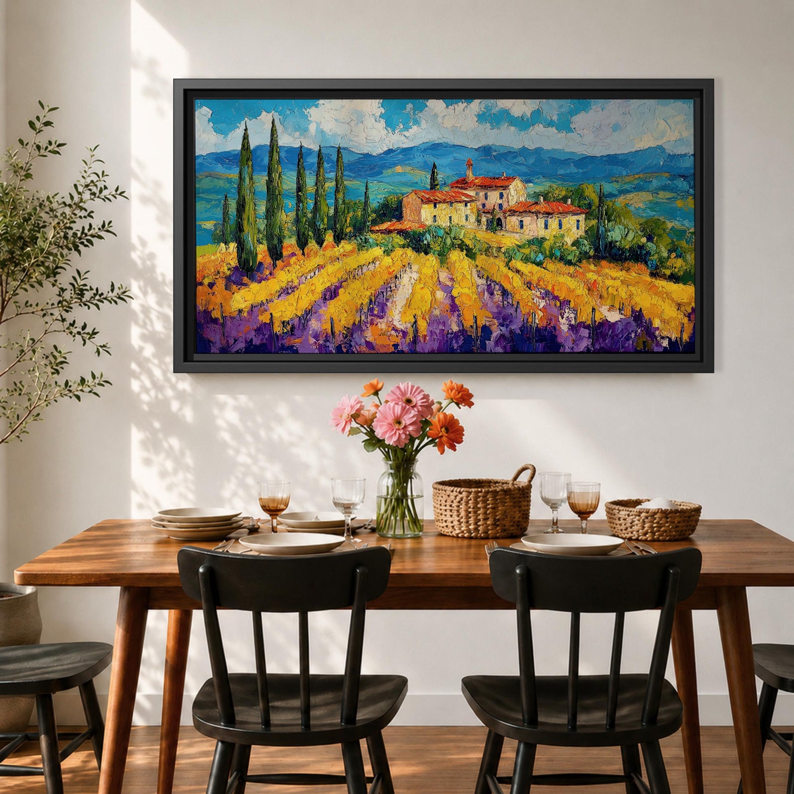 Panoramic painting of a Tuscany vineyard with golden rows of vines leading toward a rustic farmhouse and tall cypress trees. Rolling Italian hills stretch into the distance beneath a bright blue sky with textured clouds, while bold brushstrokes create a vibrant countryside landscape.