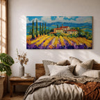 Panoramic painting of a Tuscany vineyard with golden rows of vines leading toward a rustic farmhouse and tall cypress trees. Rolling Italian hills stretch into the distance beneath a bright blue sky with textured clouds, while bold brushstrokes create a vibrant countryside landscape.