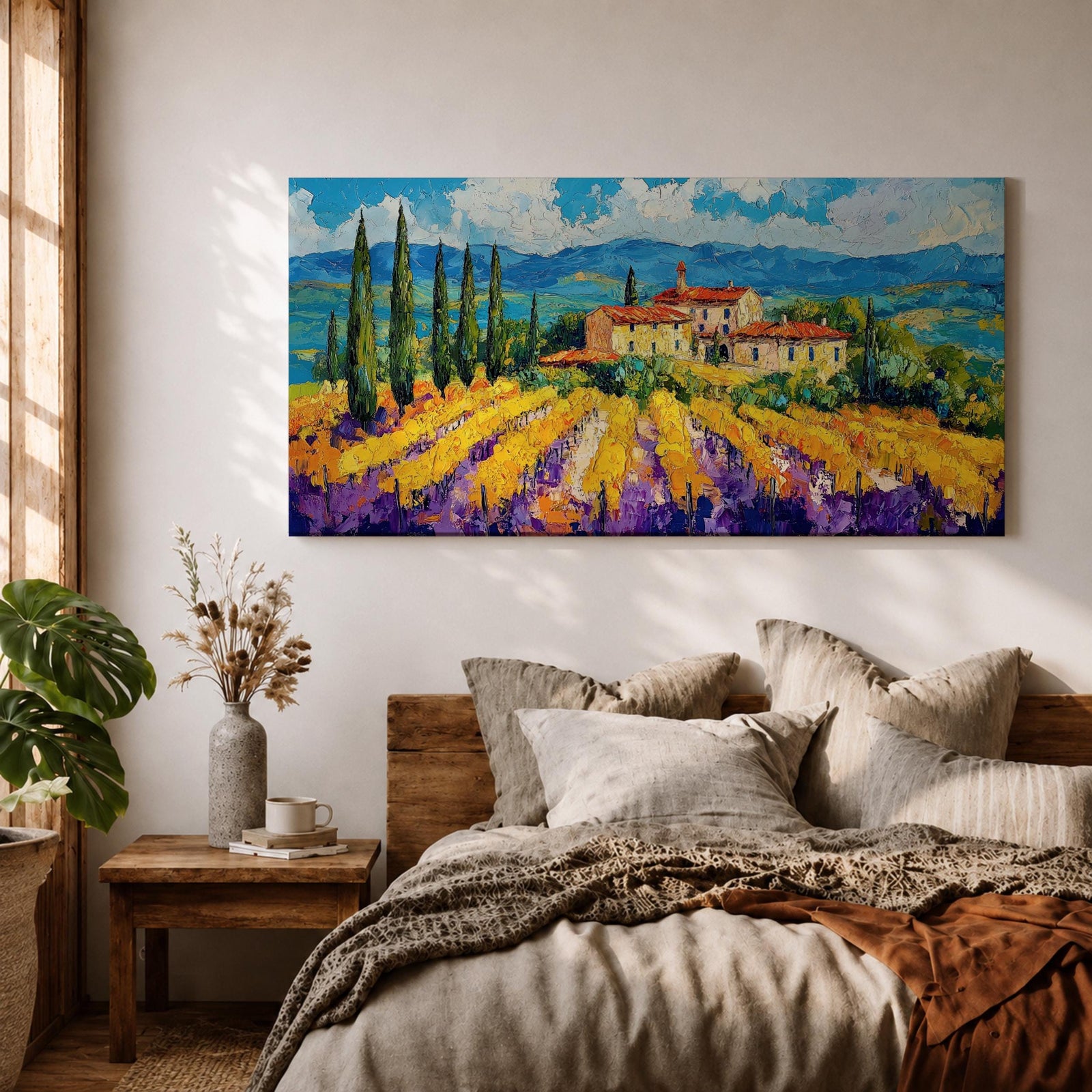 Panoramic painting of a Tuscany vineyard with golden rows of vines leading toward a rustic farmhouse and tall cypress trees. Rolling Italian hills stretch into the distance beneath a bright blue sky with textured clouds, while bold brushstrokes create a vibrant countryside landscape.