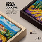 Panoramic painting of a Tuscany vineyard with golden rows of vines leading toward a rustic farmhouse and tall cypress trees. Rolling Italian hills stretch into the distance beneath a bright blue sky with textured clouds, while bold brushstrokes create a vibrant countryside landscape.
