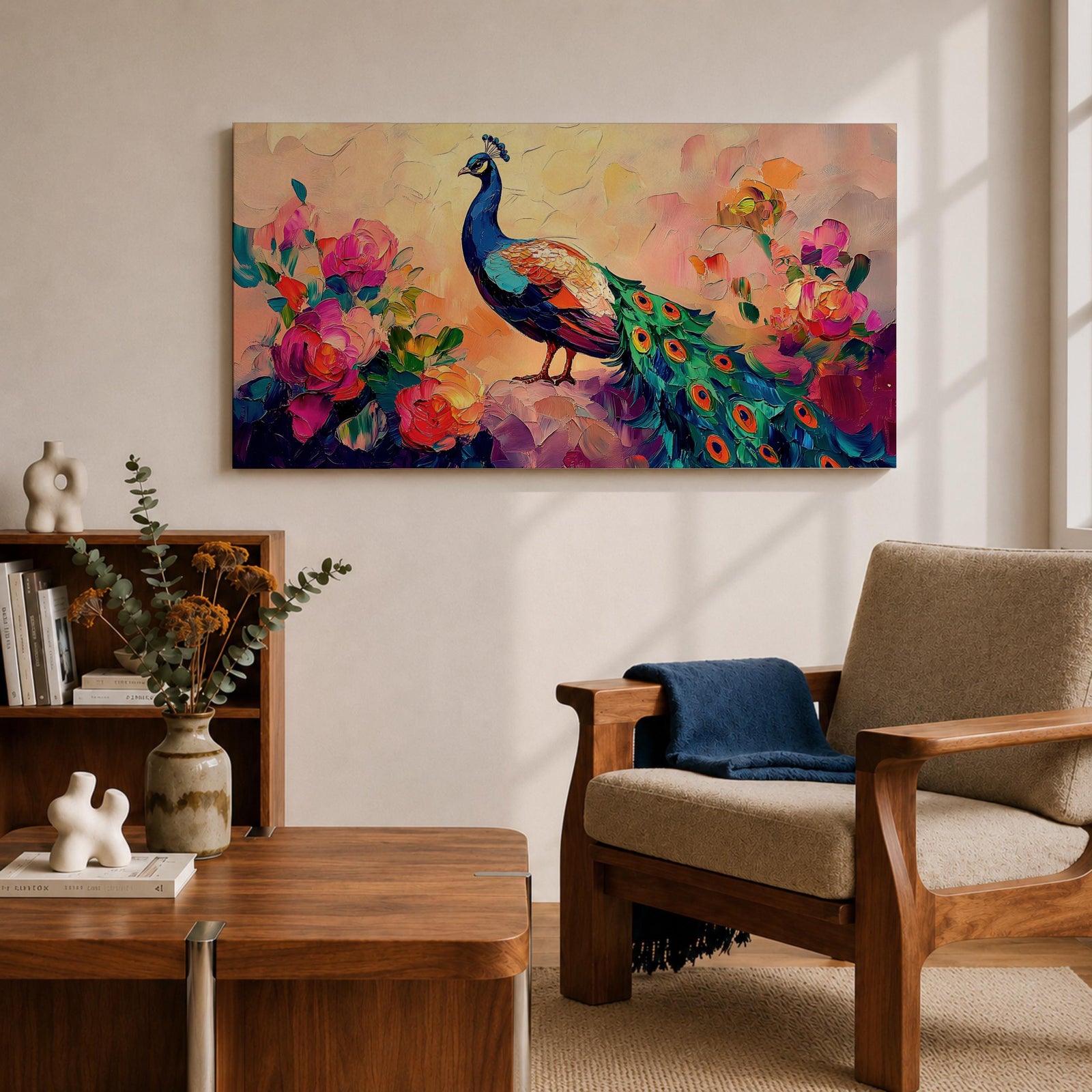 Panoramic painting of a peacock standing among blooming peony flowers with layered petals in pink, coral, and red tones. The bird displays vibrant blue and green plumage with eye patterned tail feathers while soft light and expressive brushstrokes create a lush botanical garden composition.