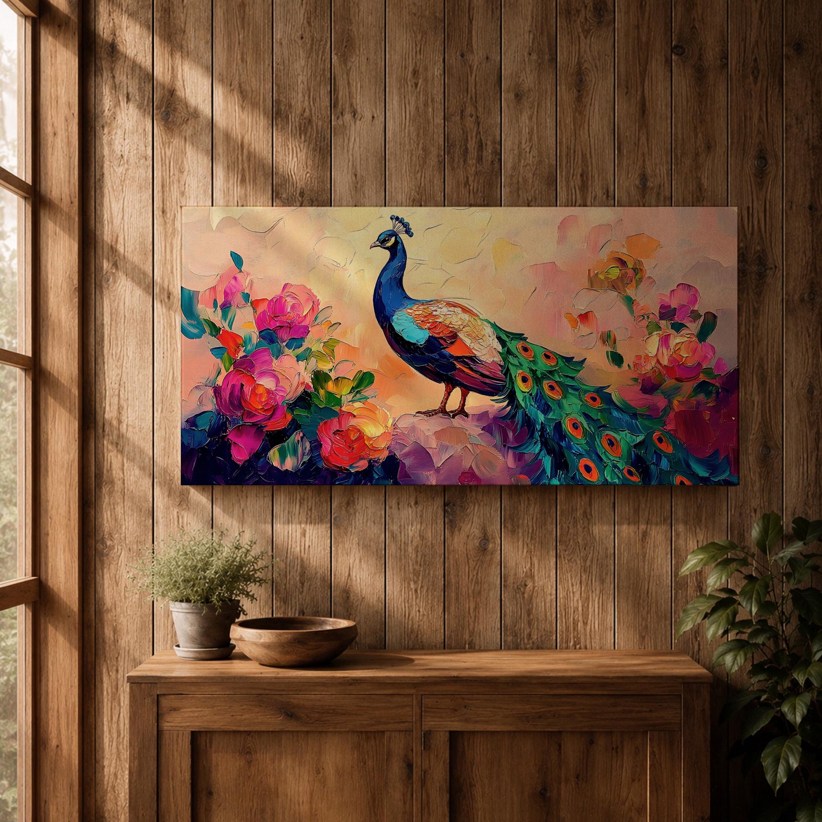 Panoramic painting of a peacock standing among blooming peony flowers with layered petals in pink, coral, and red tones. The bird displays vibrant blue and green plumage with eye patterned tail feathers while soft light and expressive brushstrokes create a lush botanical garden composition.