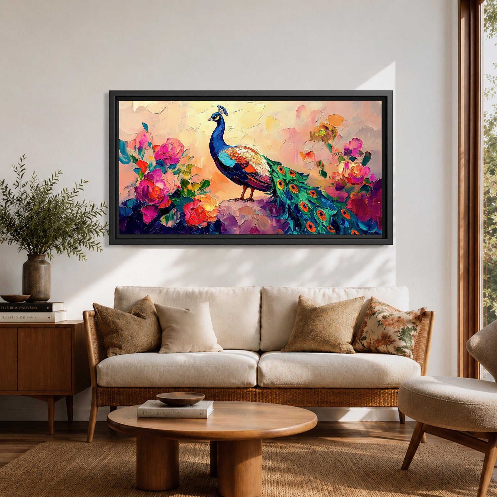 Panoramic painting of a peacock standing among blooming peony flowers with layered petals in pink, coral, and red tones. The bird displays vibrant blue and green plumage with eye patterned tail feathers while soft light and expressive brushstrokes create a lush botanical garden composition.