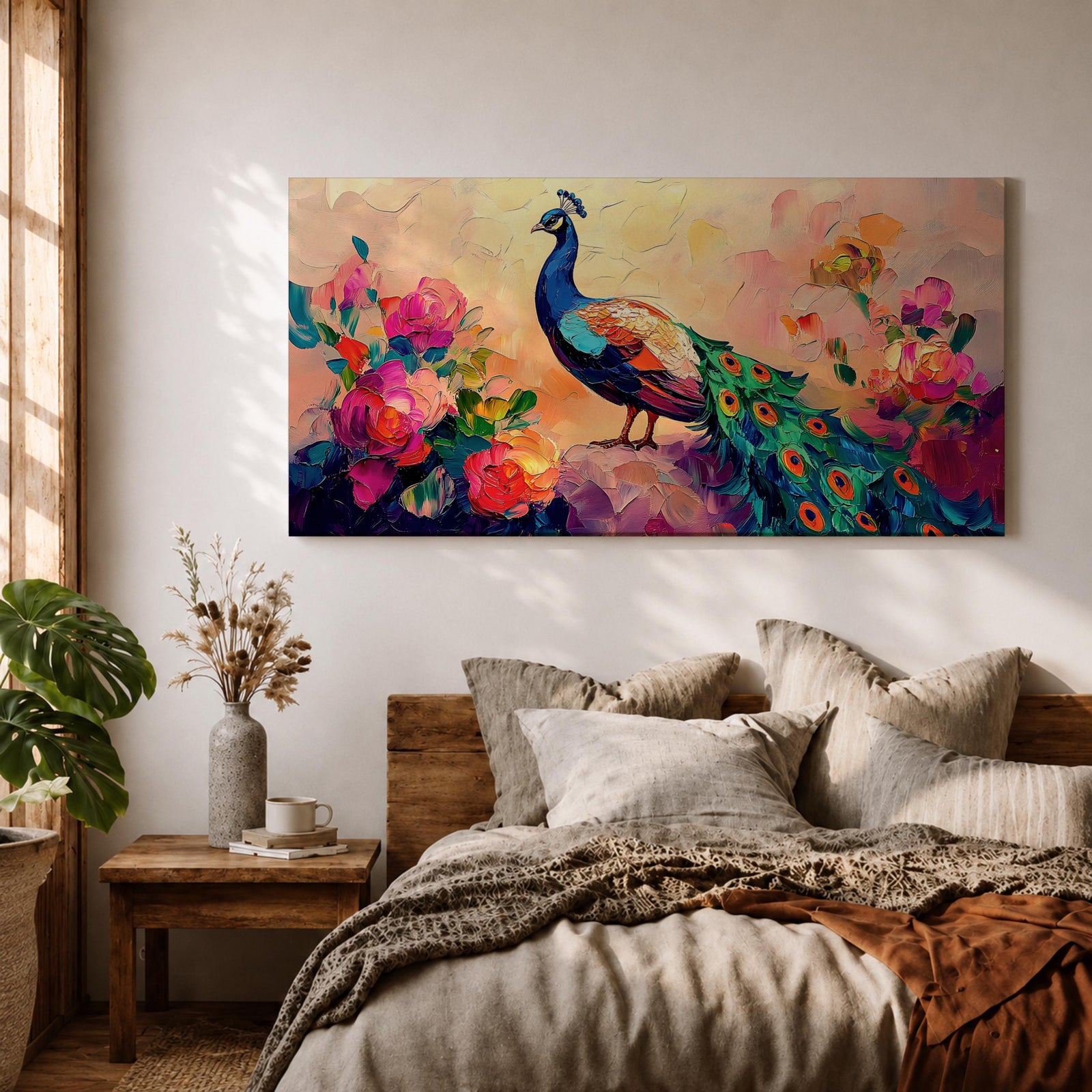 Panoramic painting of a peacock standing among blooming peony flowers with layered petals in pink, coral, and red tones. The bird displays vibrant blue and green plumage with eye patterned tail feathers while soft light and expressive brushstrokes create a lush botanical garden composition.