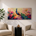 Panoramic painting of a peacock standing among blooming peony flowers with layered petals in pink, coral, and red tones. The bird displays vibrant blue and green plumage with eye patterned tail feathers while soft light and expressive brushstrokes create a lush botanical garden composition.