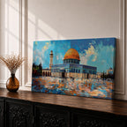 Panoramic painting of the Dome of the Rock mosque in Jerusalem with its golden dome and blue tiled façade reflecting across the courtyard stones. The historic Islamic shrine stands beneath a textured sky with expressive brushstrokes capturing the architecture of the Haram al-Sharif complex.