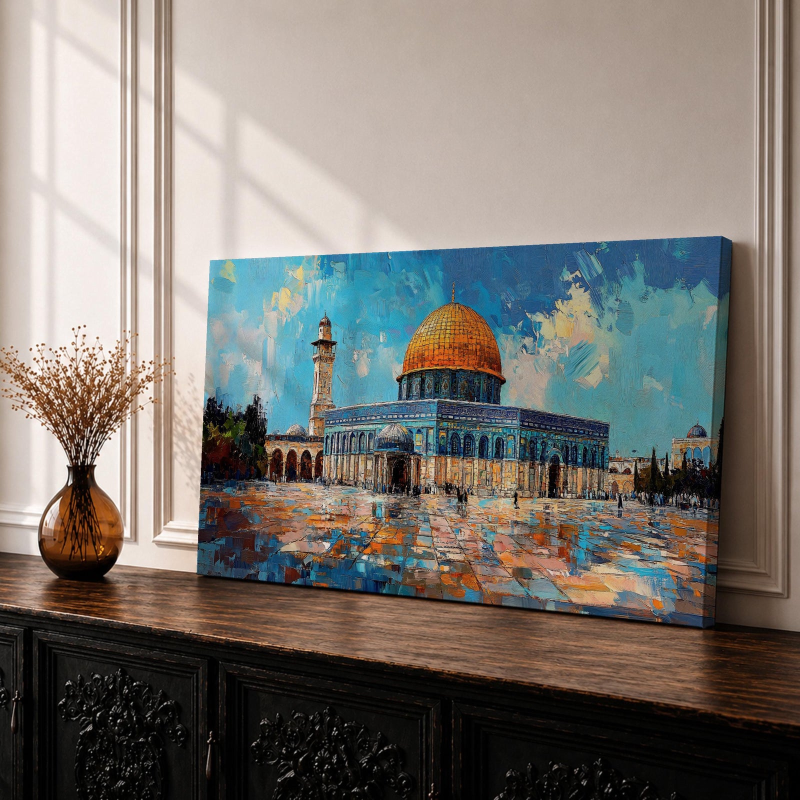Panoramic painting of the Dome of the Rock mosque in Jerusalem with its golden dome and blue tiled façade reflecting across the courtyard stones. The historic Islamic shrine stands beneath a textured sky with expressive brushstrokes capturing the architecture of the Haram al-Sharif complex.