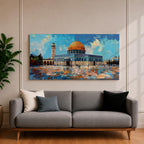 Panoramic painting of the Dome of the Rock mosque in Jerusalem with its golden dome and blue tiled façade reflecting across the courtyard stones. The historic Islamic shrine stands beneath a textured sky with expressive brushstrokes capturing the architecture of the Haram al-Sharif complex.