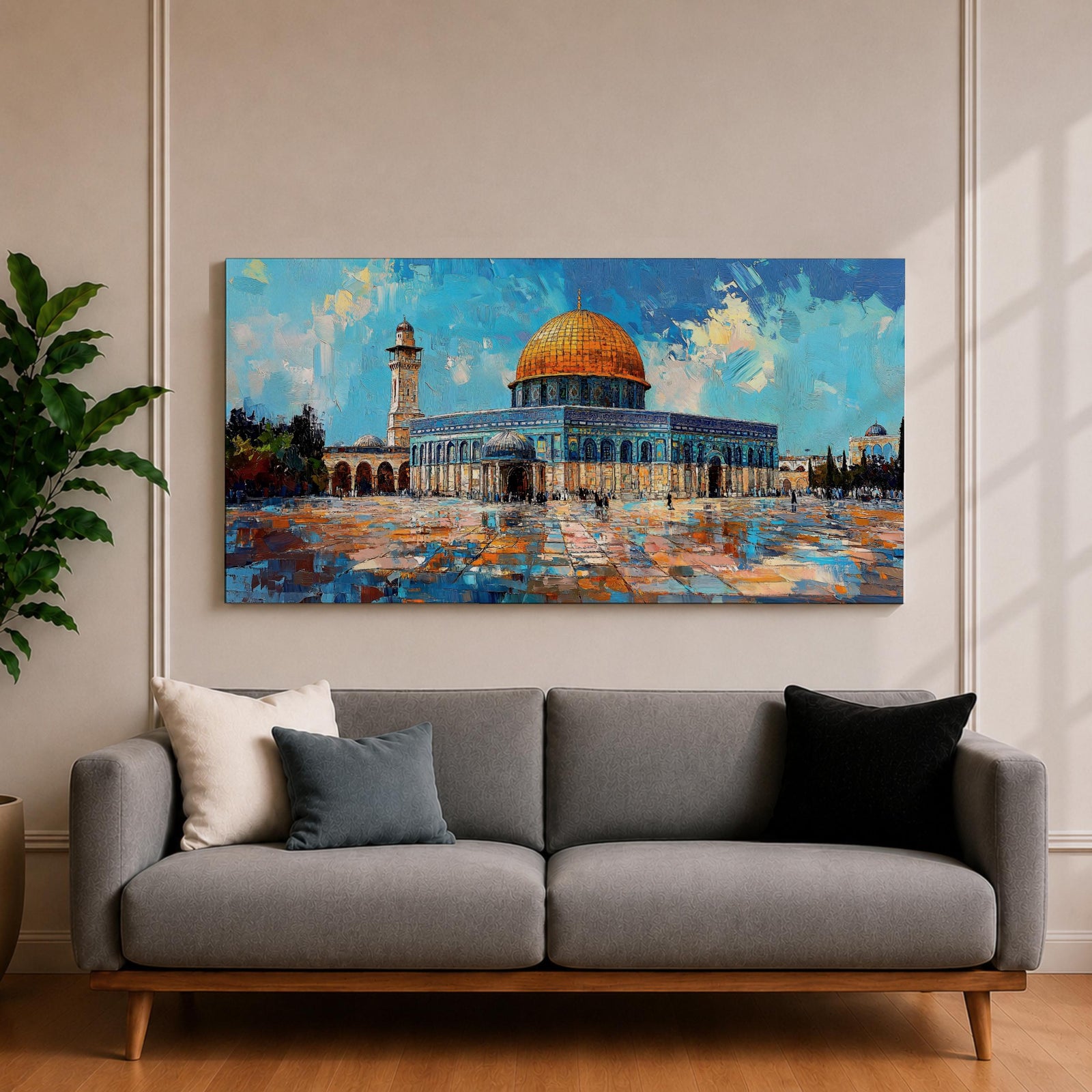 Panoramic painting of the Dome of the Rock mosque in Jerusalem with its golden dome and blue tiled façade reflecting across the courtyard stones. The historic Islamic shrine stands beneath a textured sky with expressive brushstrokes capturing the architecture of the Haram al-Sharif complex.