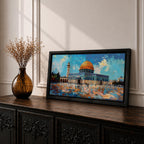 Panoramic painting of the Dome of the Rock mosque in Jerusalem with its golden dome and blue tiled façade reflecting across the courtyard stones. The historic Islamic shrine stands beneath a textured sky with expressive brushstrokes capturing the architecture of the Haram al-Sharif complex.