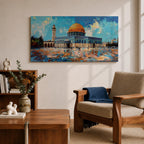 Panoramic painting of the Dome of the Rock mosque in Jerusalem with its golden dome and blue tiled façade reflecting across the courtyard stones. The historic Islamic shrine stands beneath a textured sky with expressive brushstrokes capturing the architecture of the Haram al-Sharif complex.