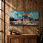 Panoramic painting of the Dome of the Rock mosque in Jerusalem with its golden dome and blue tiled façade reflecting across the courtyard stones. The historic Islamic shrine stands beneath a textured sky with expressive brushstrokes capturing the architecture of the Haram al-Sharif complex.
