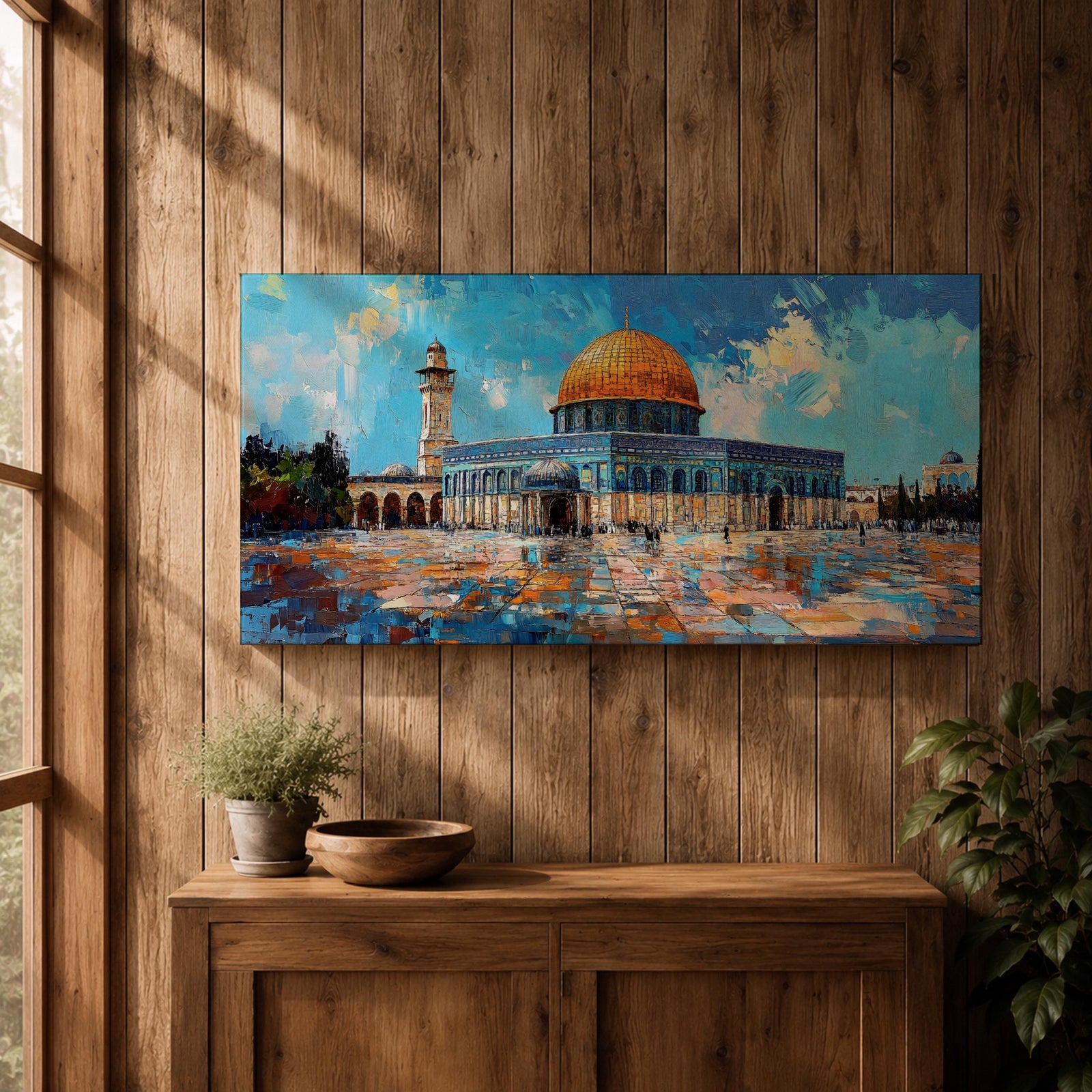 Panoramic painting of the Dome of the Rock mosque in Jerusalem with its golden dome and blue tiled façade reflecting across the courtyard stones. The historic Islamic shrine stands beneath a textured sky with expressive brushstrokes capturing the architecture of the Haram al-Sharif complex.